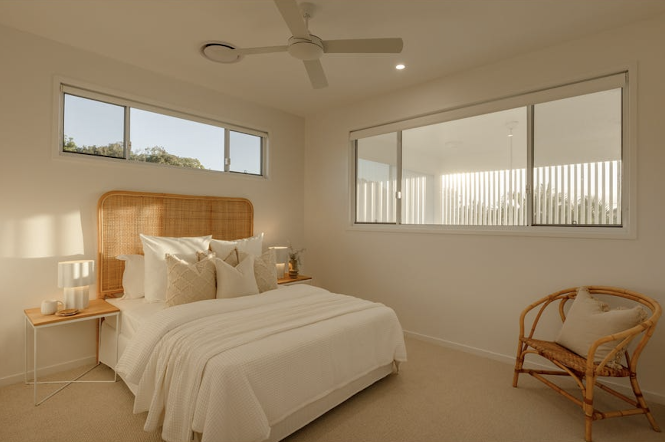coastal design style guest bedroom, property styling by blink living